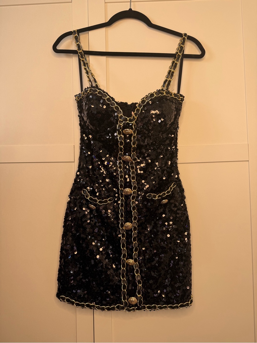 Black Sequin Mini Dress with Gold Chain Trim